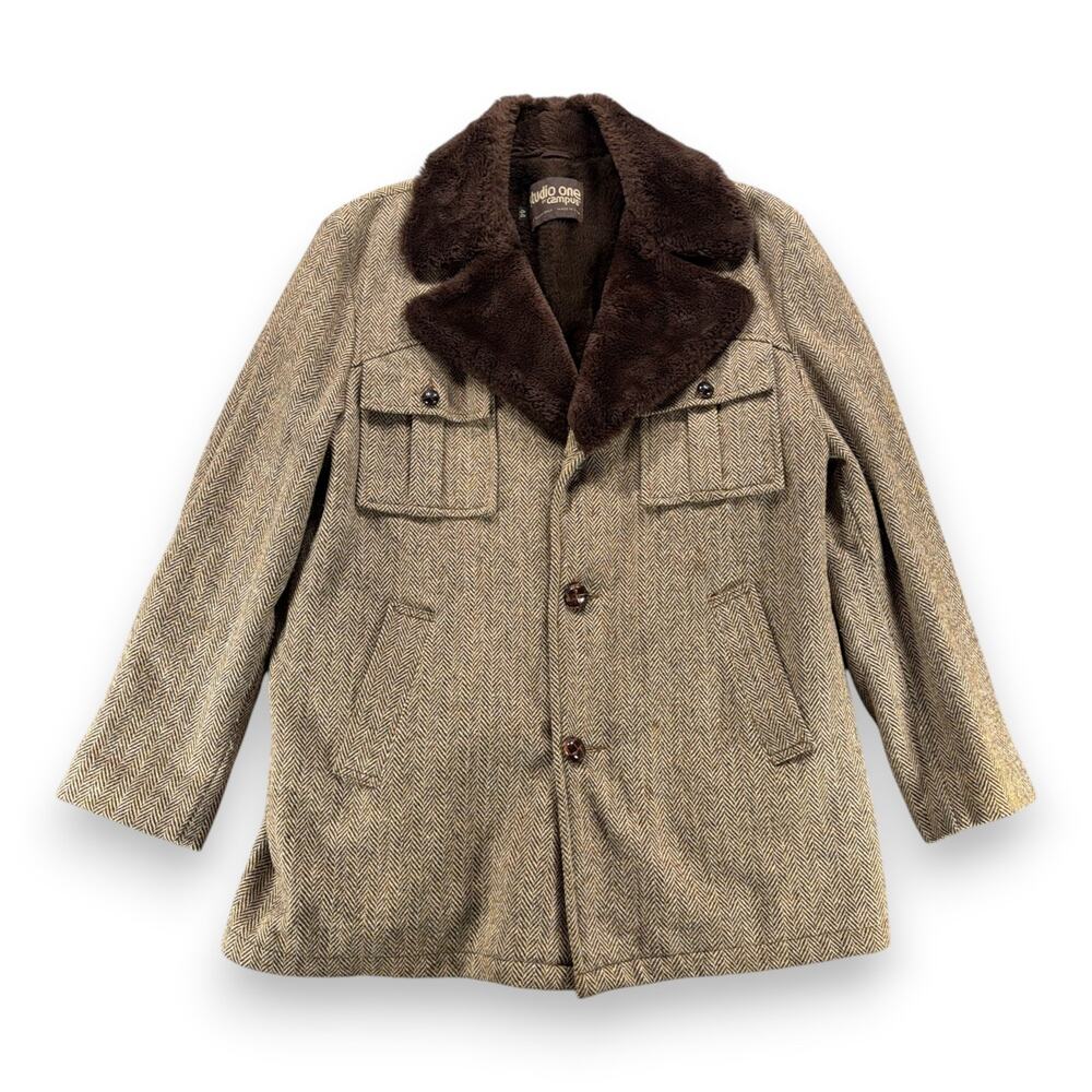 Vintage Campus Coat Adult Large Brown Herringbone Tweed Faux Fur Lined USA 70s